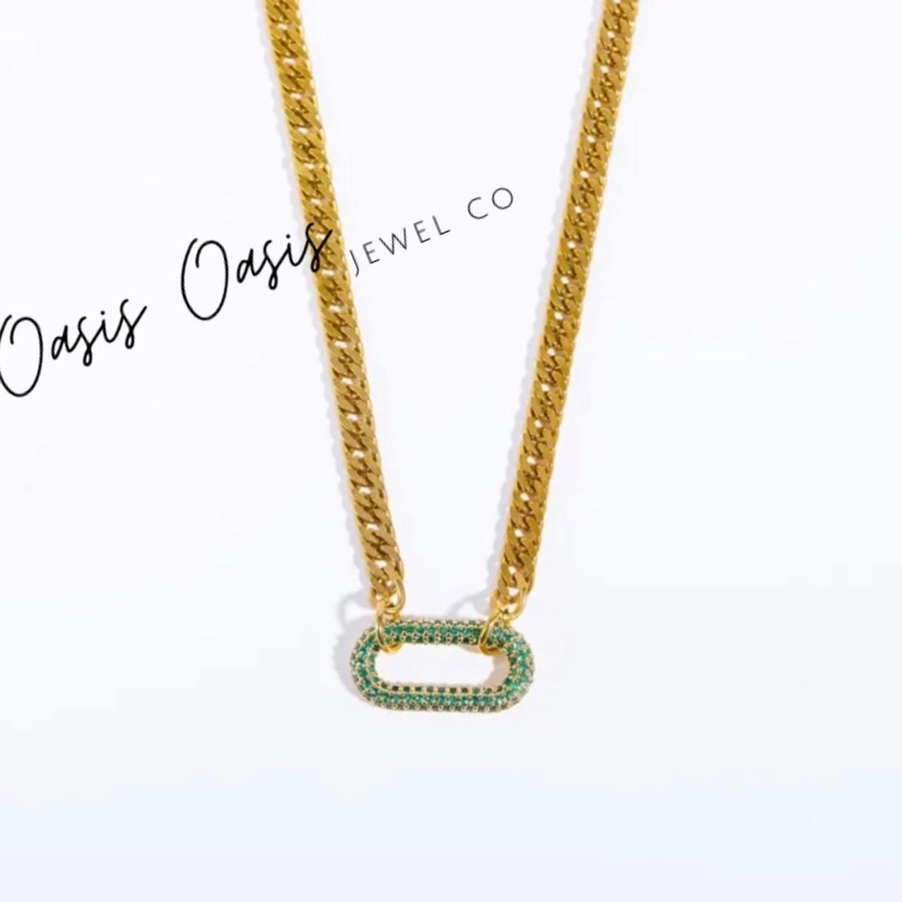 Unisex Gold (White & Green Crystal Stone) Link Chain Necklace - Picture 4 of 6